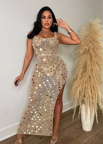 Handmade Knitted Hollow out Sequin Split Beach Dress CM-8685