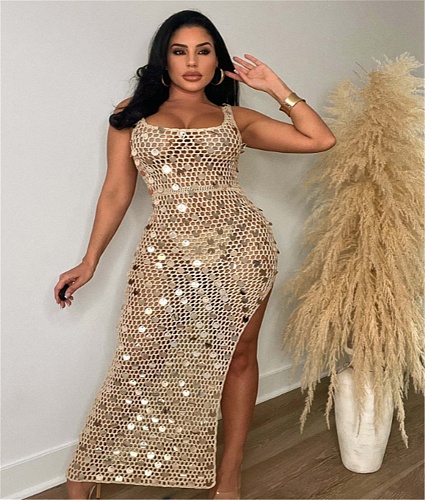Handmade Knitted Hollow out Sequin Split Beach Dress CM-8685
