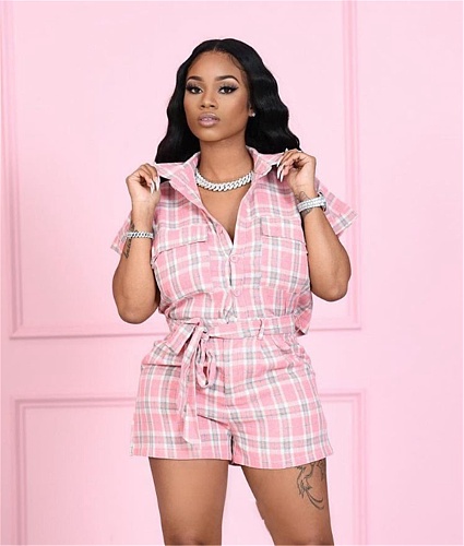 Plaid Print Button Up Shirts Shorts Two Piece Set LM-8363