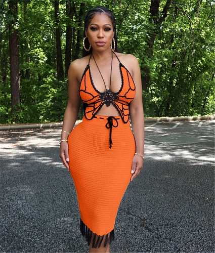 Knitted Crochet Butterfly Top Fringe Tassel Skirt Sets ZS-0285
