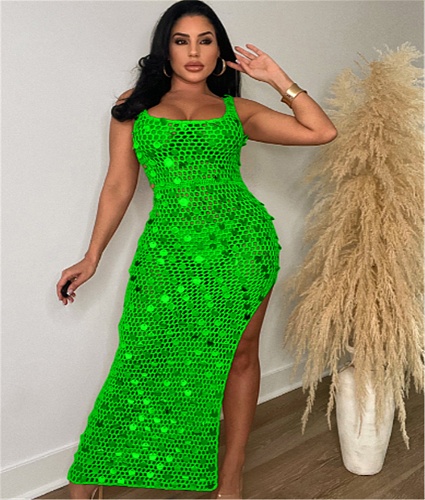 Sexy Knitted Crochet Sequin High Slit Maxi Dresses TR-1265