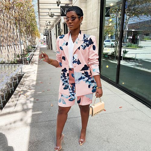 Floral Print Long Sleeve Blazer Two Piece Shorts Suit SFY-2172