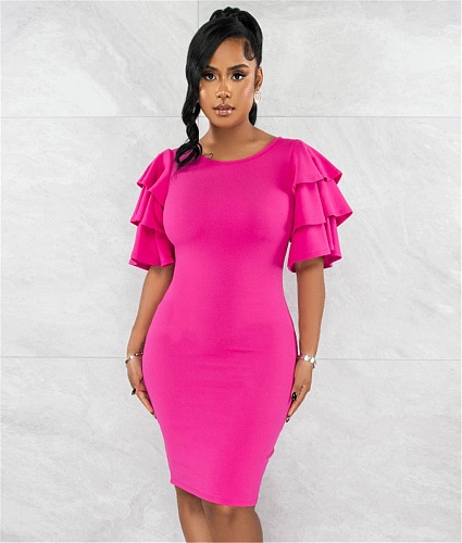 Solid Color Ruffle Short Sleeve Bodycon Dress XMY-9423