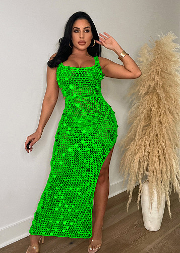 Sexy Knitted Crochet Sequin High Slit Maxi Dresses TR-1265