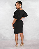 Solid Color Ruffle Short Sleeve Bodycon Dress XMY-9423