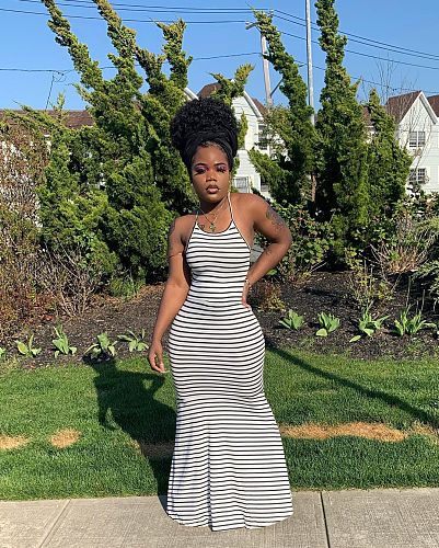 Stripe Print Backless Bandage Maxi Dresses XMY-9243