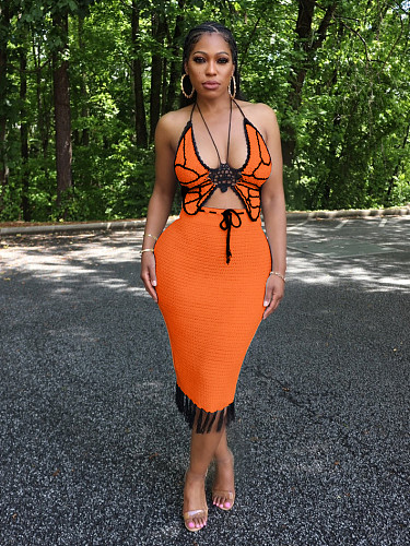 Knitted Crochet Butterfly Top Fringe Tassel Skirt Sets ZS-0285