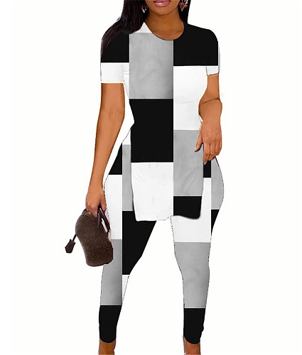 Side Slit Short Sleeve T Shirts Leggings 2 Piece Set SHD-9614