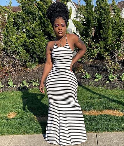 Stripe Print Backless Bandage Maxi Dresses XMY-9243