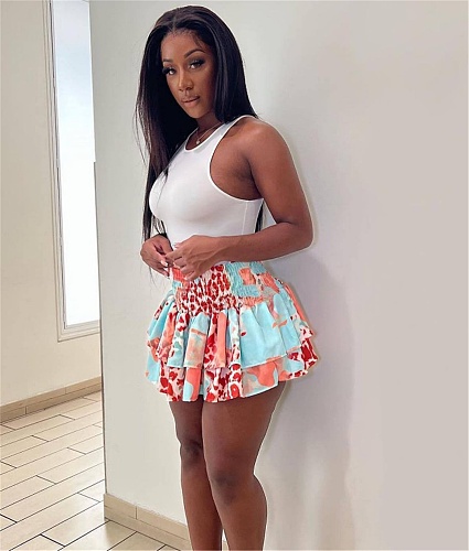 High Waist Print Pleated Summer Mini Skirt HMS-5573