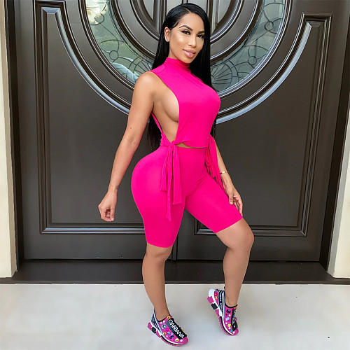 Solid Color Sleeveless Bandage Two Piece Shorts Set DAI-5841