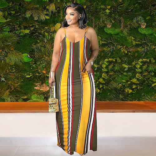 Summer Striped Print Spaghetti Strap Maxi Dresses SH-390534