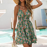 Floral Print Deep V Halter Backless Bandage Dress FSX-388