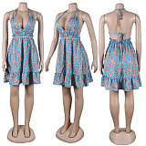 Floral Print Deep V Halter Backless Bandage Dress FSX-388