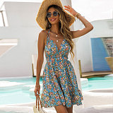 Floral Print Deep V Halter Backless Bandage Dress FSX-388