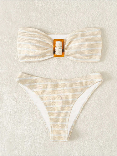 Ribbed Striped Strapless Two Piece Bikini Sets L2303