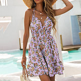 Floral Print Deep V Halter Backless Bandage Dress FSX-388