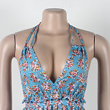 Floral Print Deep V Halter Backless Bandage Dress FSX-388
