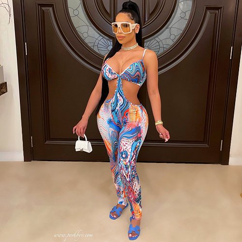 Tie Dye Print Cut Out Bodycon Sling Jumpsuit XT-8843