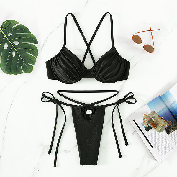 Backless Bandage Solid Swimwear Thong Bikini Set M3040