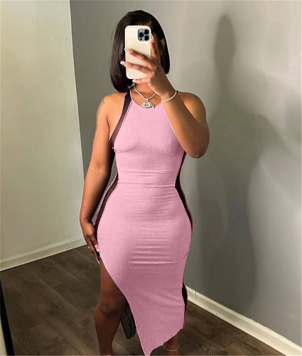 Mesh Patchwork Sleeveless Side Slit Maxi Dresses NIYA-8146