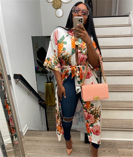 Floral Print Loose Half Sleeve Long Shirts XT-8311