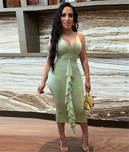 Solid Color Spaghetti Strap Ruffle Bodycon Dresses FSX-532
