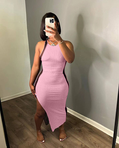 Mesh Patchwork Sleeveless Side Slit Maxi Dresses NIYA-8146