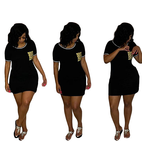Leopard Pocket Cotton Short Sleeve Casual Dress XING-297