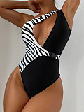 Skew Collar Patchwork Cut Out One Piece Swimsuit XL2243
