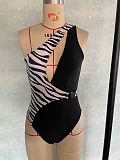 Skew Collar Patchwork Cut Out One Piece Swimsuit XL2243