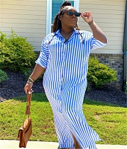 Stripe Print Half Sleeve Loose Shirt Dresses XMY-9414