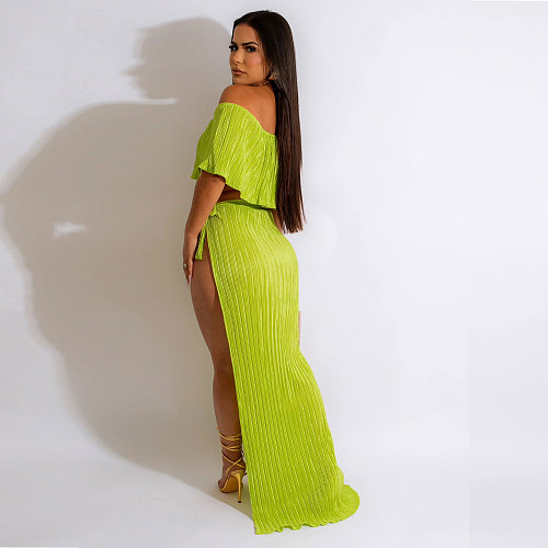 Ruffle Pleated Off Shoulder Crop Tops Slit Skirt Sets NY-7319