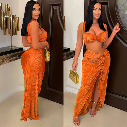 Sexy Solid Color Pleated Ruched 2 Piece Skirt Sets NY-7317