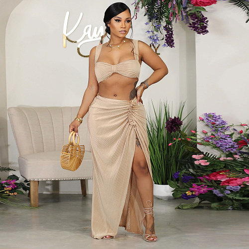 Sexy Solid Color Pleated Ruched 2 Piece Skirt Sets NY-7317