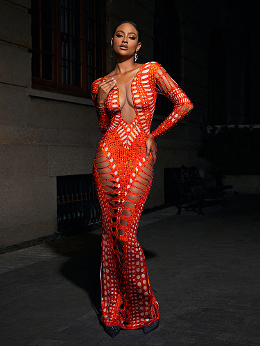 Sexy Hollow Out Long Sleeve Hot Drill Party Dress ZS-0593
