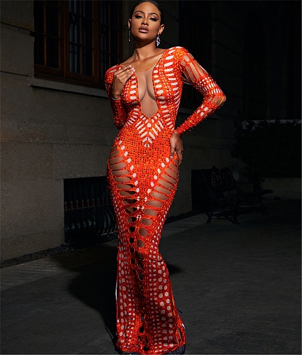 Sexy Hollow Out Long Sleeve Hot Drill Party Dress ZS-0593