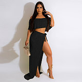 Ruffle Pleated Off Shoulder Crop Tops Slit Skirt Sets NY-7319