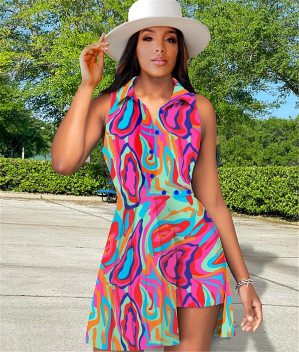 Lapel Sleeveless Button Up Summer Shirt Dresses JLY-19594