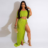 Ruffle Pleated Off Shoulder Crop Tops Slit Skirt Sets NY-7319