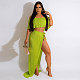 Ruffle Pleated Off Shoulder Crop Tops Slit Skirt Sets NY-7319