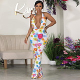 Floral Print Halter Deep V Backless Jumpsuit SH-390585