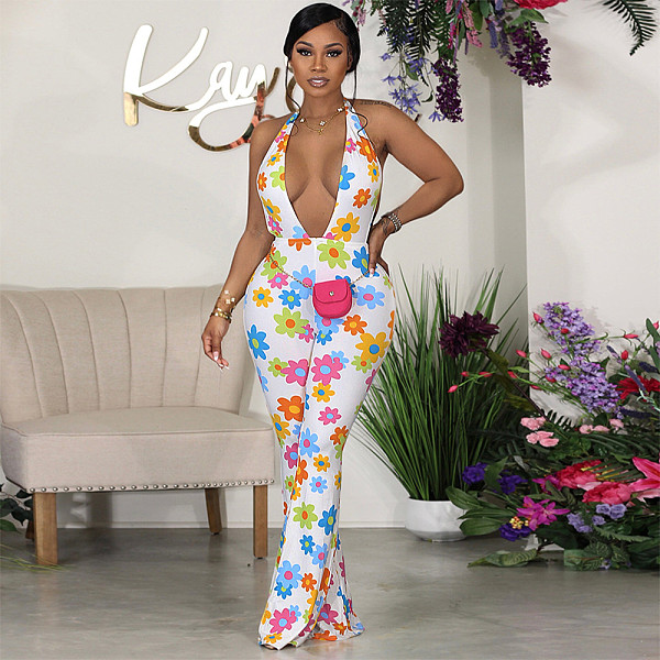 Floral Print Halter Deep V Backless Jumpsuit SH-390585