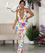 Floral Print Halter Deep V Backless Jumpsuit SH-390585