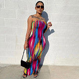 Tie Dye Stripe Print Strapless Maxi Dresses SH-390584