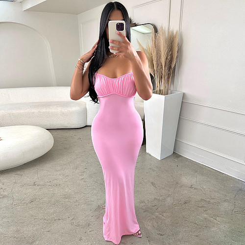 High Waist Ruched Lace Up Backless Party Dress SH-390568