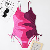 Color Block Print Drawstring One Piece Swimsuit M2381