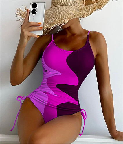 Color Block Print Drawstring One Piece Swimsuit M2381