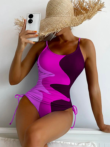 Color Block Print Drawstring One Piece Swimsuit M2381
