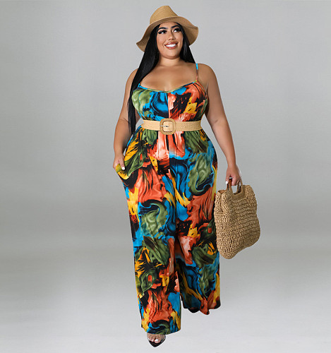 Plus Size Print Wide Leg Jumpsuit with Belt RS-912